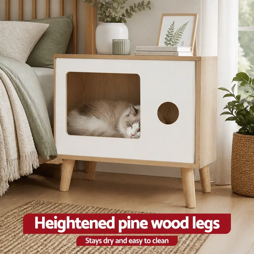 Bedside Table with Cat Nest Modern 60cm Pine Wood MDF White