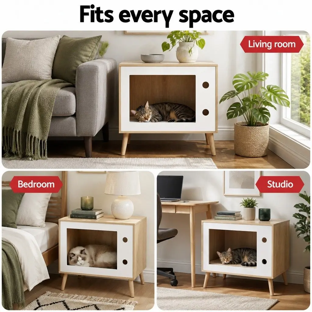 Bedside Table with Cat Nest Modern 60cm Pine Wood MDF White