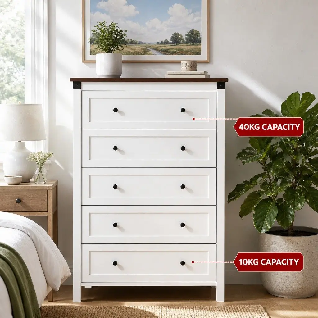 5 Drawer Chest of Drawers Storage Tallboy White Walnut Bedroom Dresser Organiser