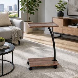 C Shaped Coffee Table with Wheels in Walnut