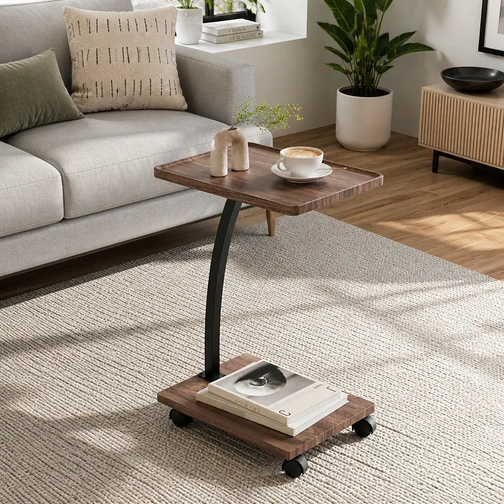 C Shaped Coffee Table Mobile Convenience 30cm x 40cm x 59cm Walnut
