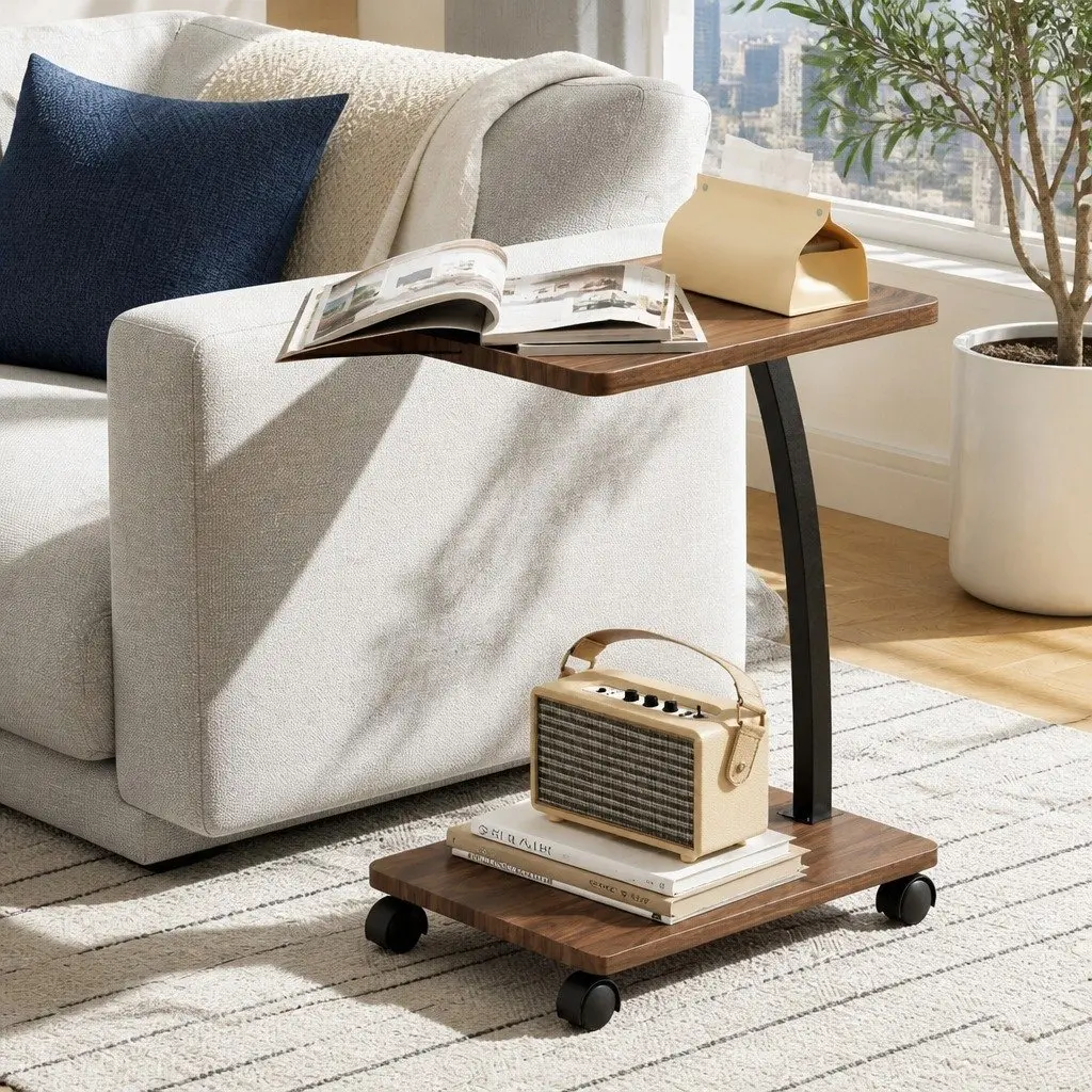 C Shaped Coffee Table Mobile Convenience 30cm x 40cm x 59cm Walnut