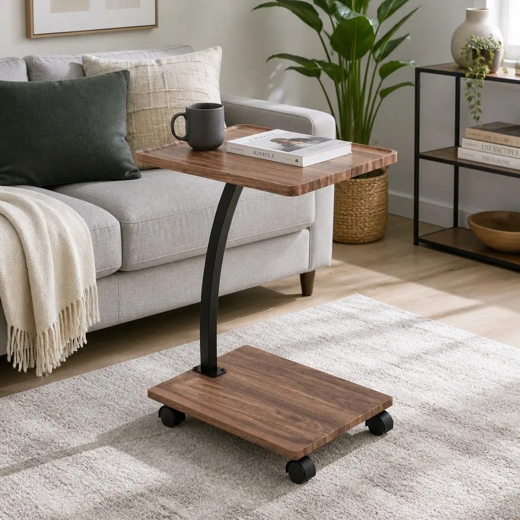 C Shaped Coffee Table Mobile Convenience 30cm x 40cm x 59cm Walnut