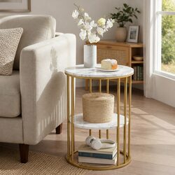 Round Coffee Table with 2-Tier Design and Marble Top
