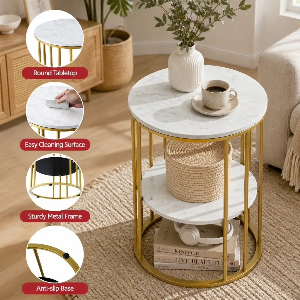 Round Coffee Table 2-Tier White Gold Metal Frame Marble Effect 40cm Width 54cm Height