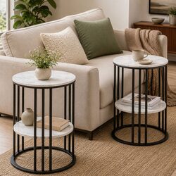Set of 2 Compact Round Side Tables with Marble Top