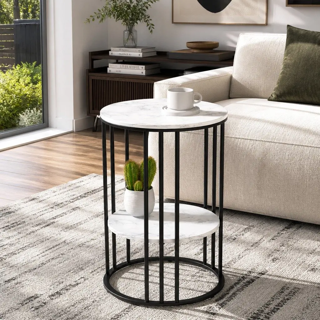 Coffee Table Two-Tier Storage Marble Effect Beige 40cm x 40cm x 54cm
