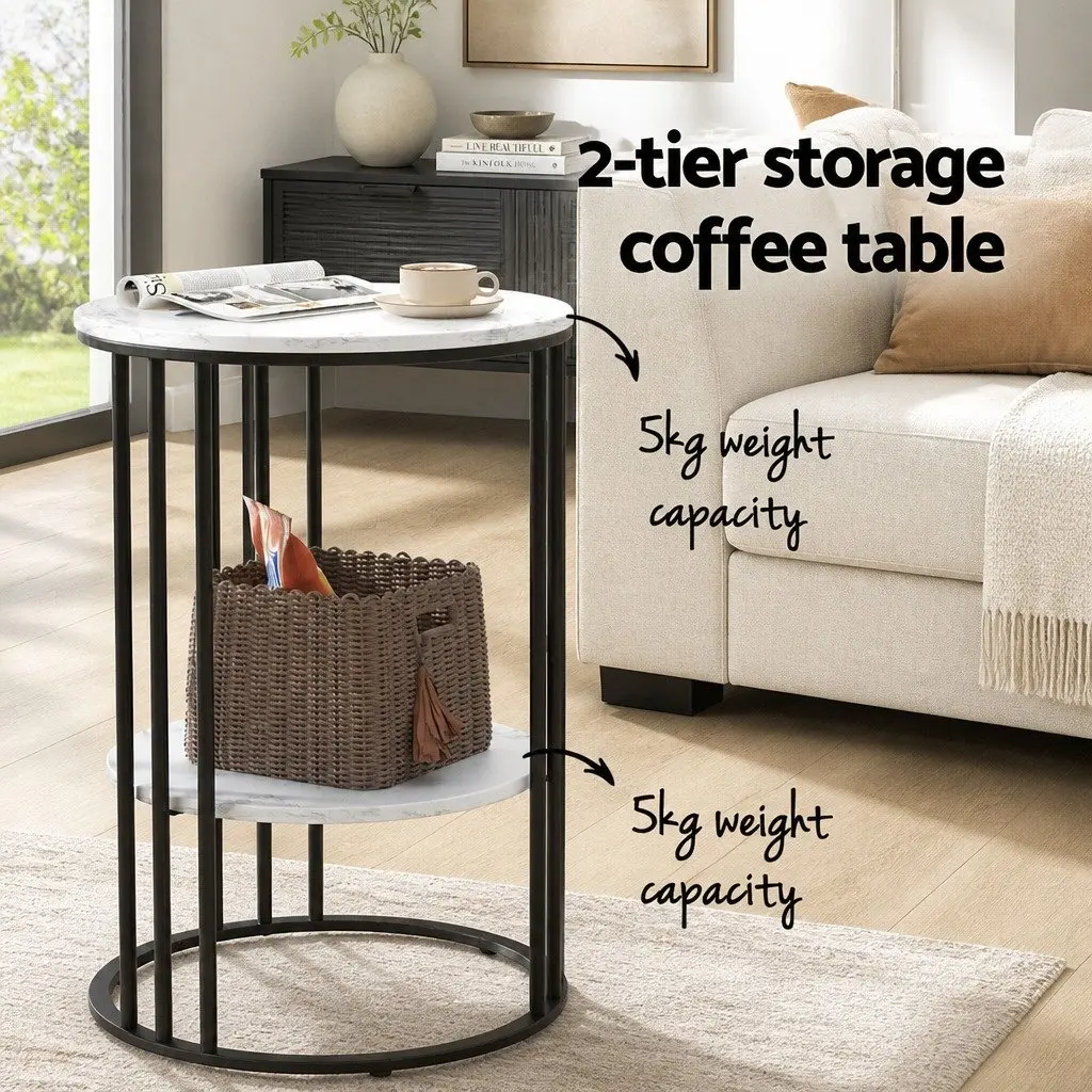 Coffee Table Two-Tier Storage Marble Effect Beige 40cm x 40cm x 54cm