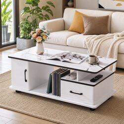 Rectangular White Marble Coffee Table with Storage Solutions