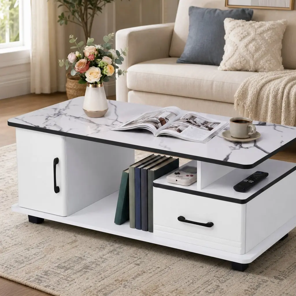 Coffee Table with Storage Drawer and Open Shelves Compact White Marble Finish
