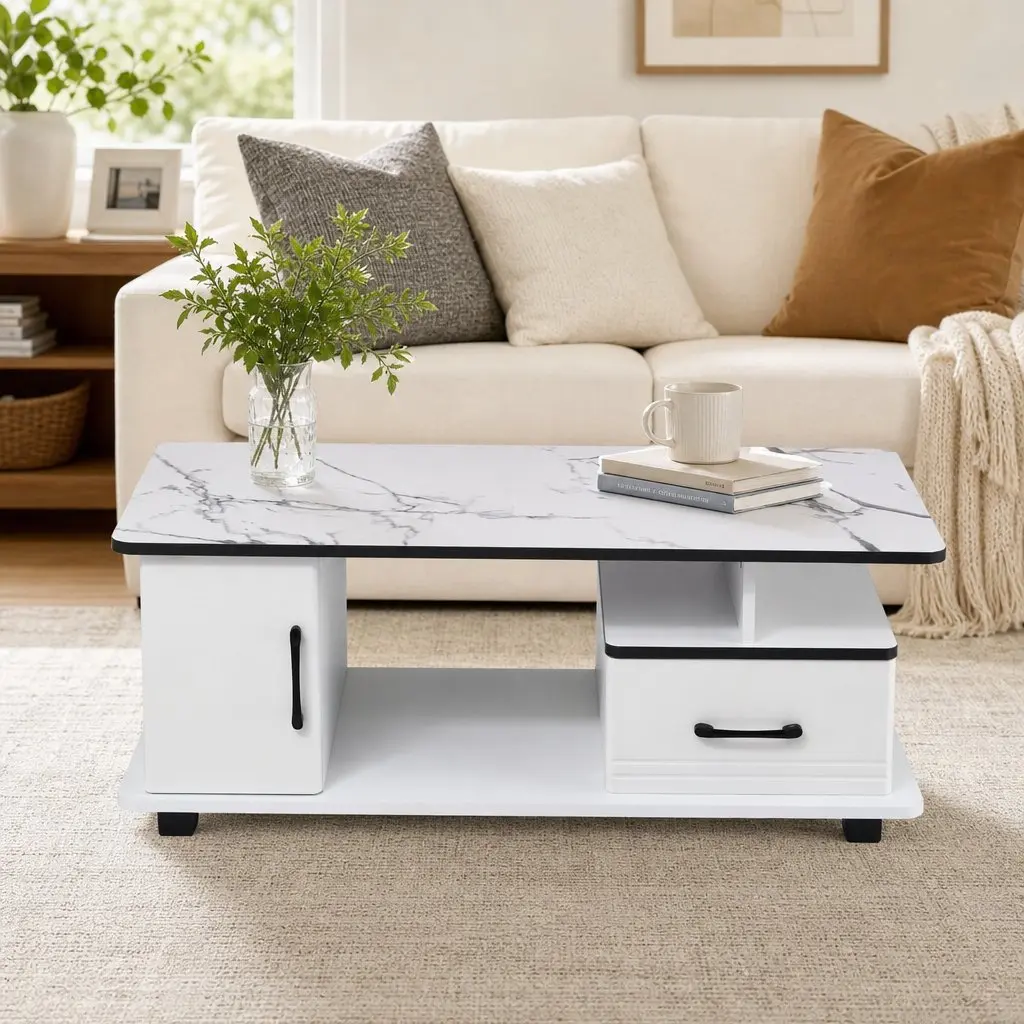 Coffee Table with Storage Drawer and Open Shelves Compact White Marble Finish