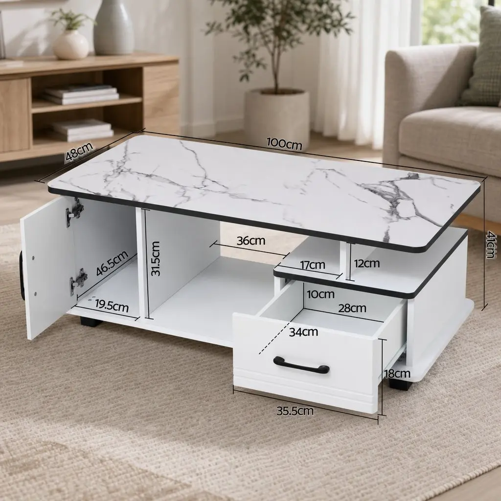 Coffee Table with Storage Drawer and Open Shelves Compact White Marble Finish