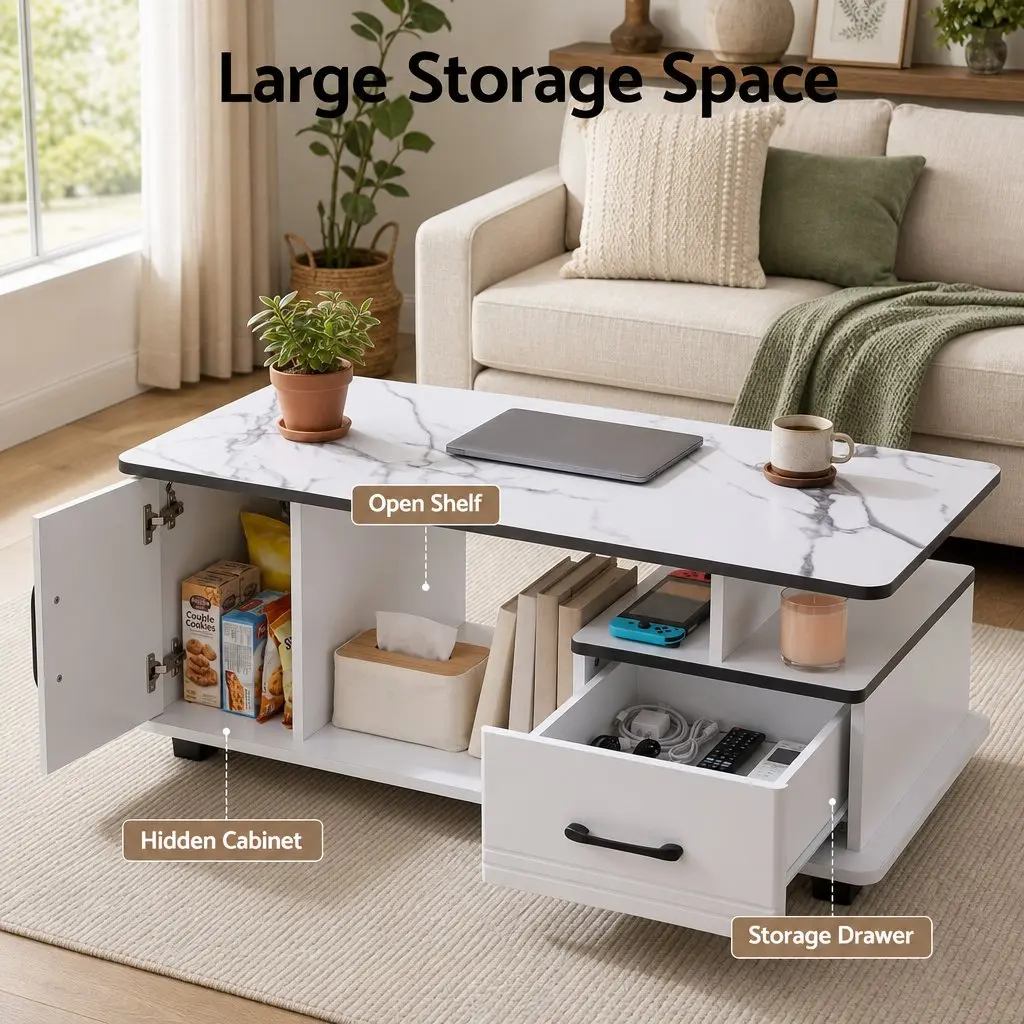 Coffee Table with Storage Drawer and Open Shelves Compact White Marble Finish