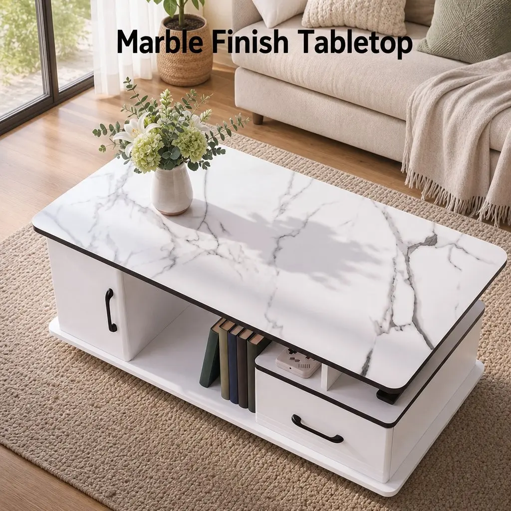 Coffee Table with Storage Drawer and Open Shelves Compact White Marble Finish