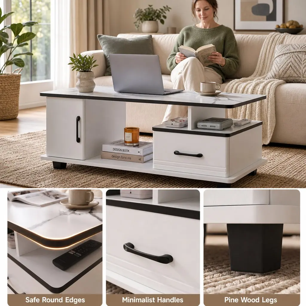 Coffee Table with Storage Drawer and Open Shelves Compact White Marble Finish