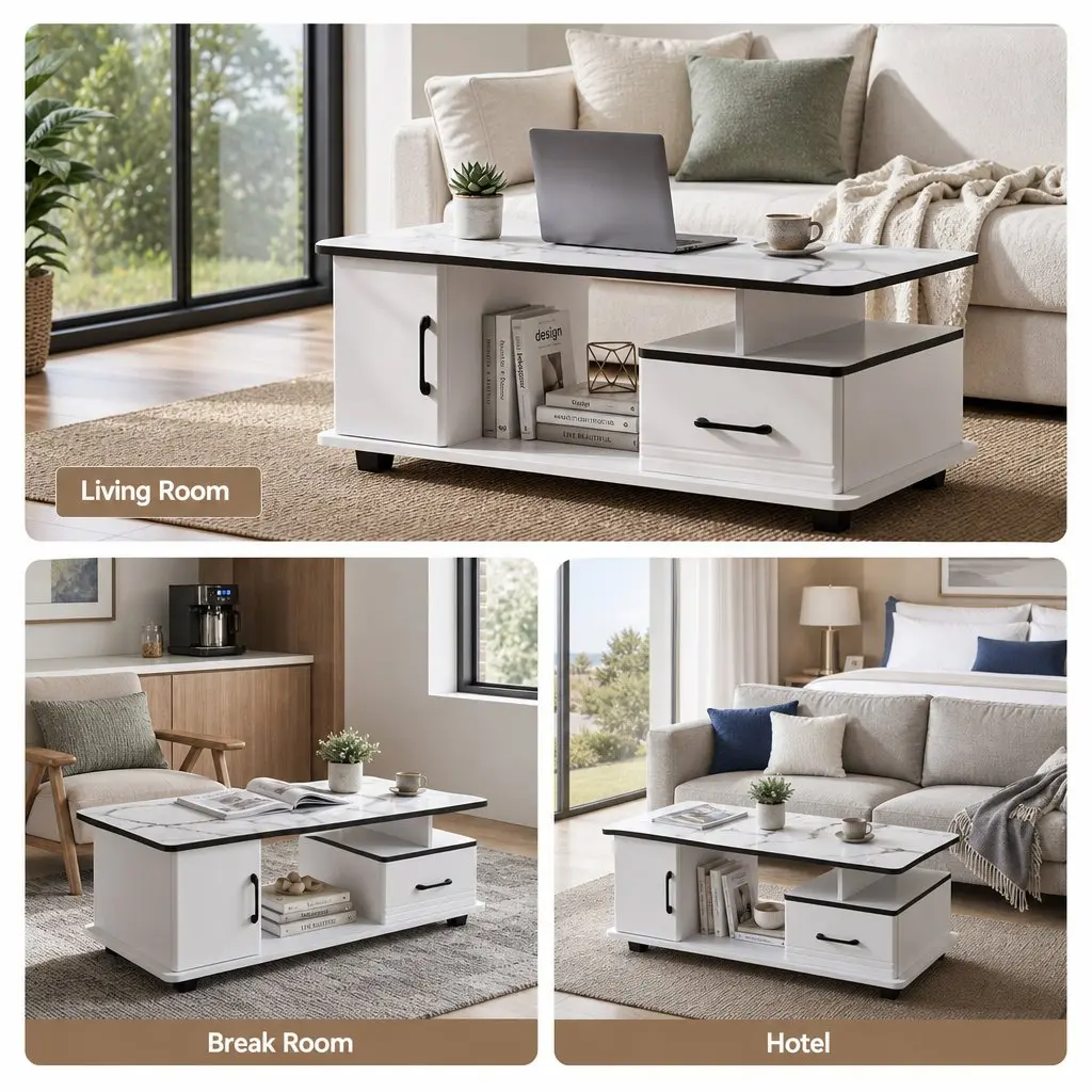Coffee Table with Storage Drawer and Open Shelves Compact White Marble Finish
