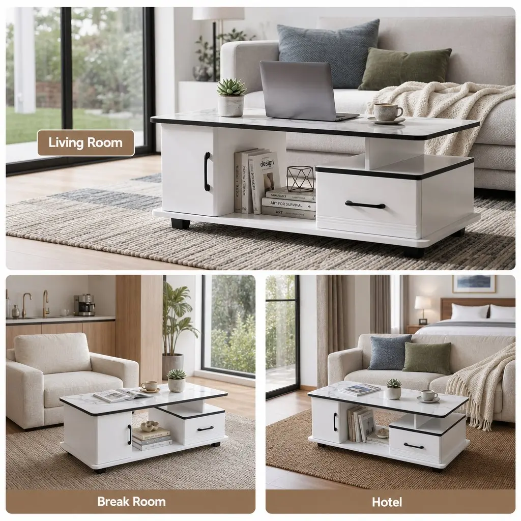 Coffee Table with Storage Drawer and Open Shelves Compact White Marble Finish