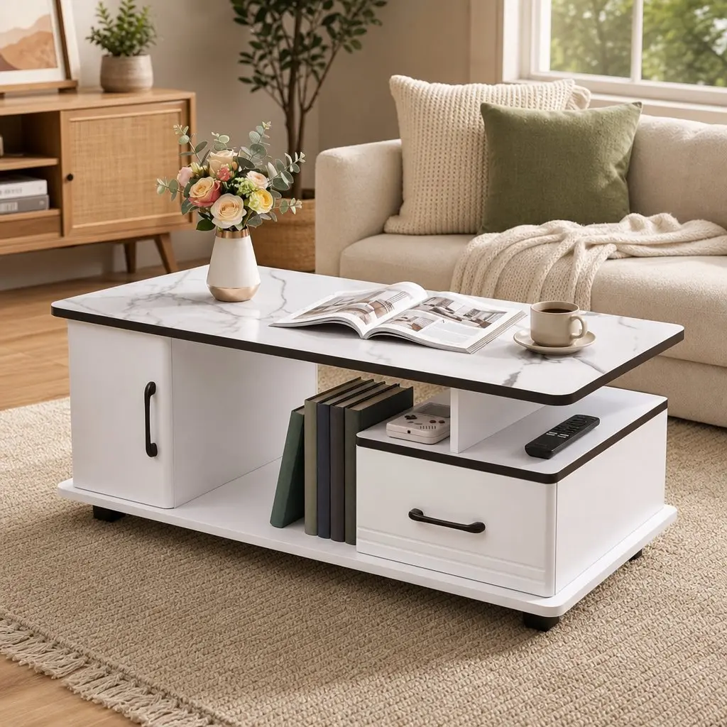Coffee Table with Storage Drawer and Open Shelves Compact White Marble Finish