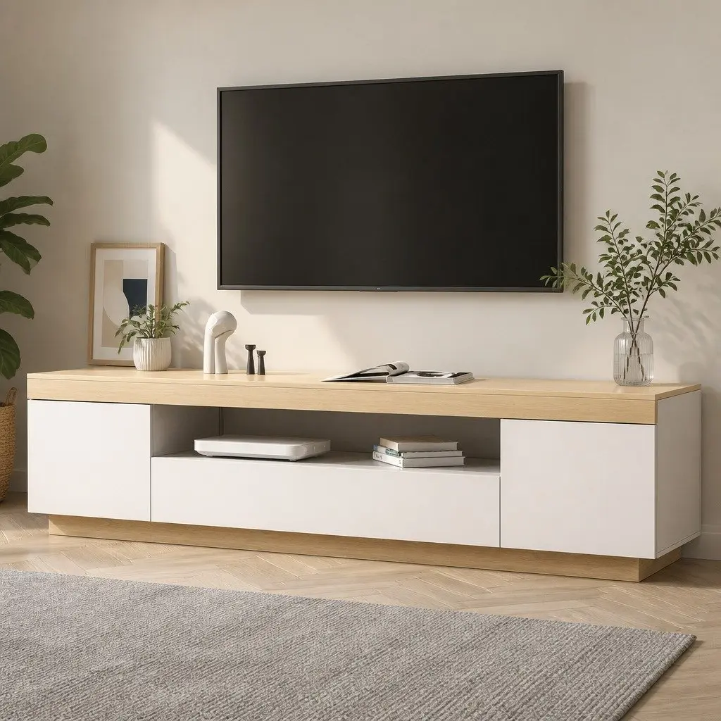 TV Cabinet Entertainment Unit Stand 180CM White Wood Two-Tone Living Room