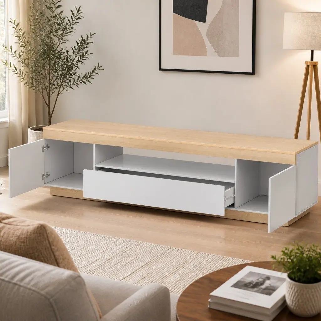 TV Cabinet Entertainment Unit Stand 180CM White Wood Two-Tone Living Room