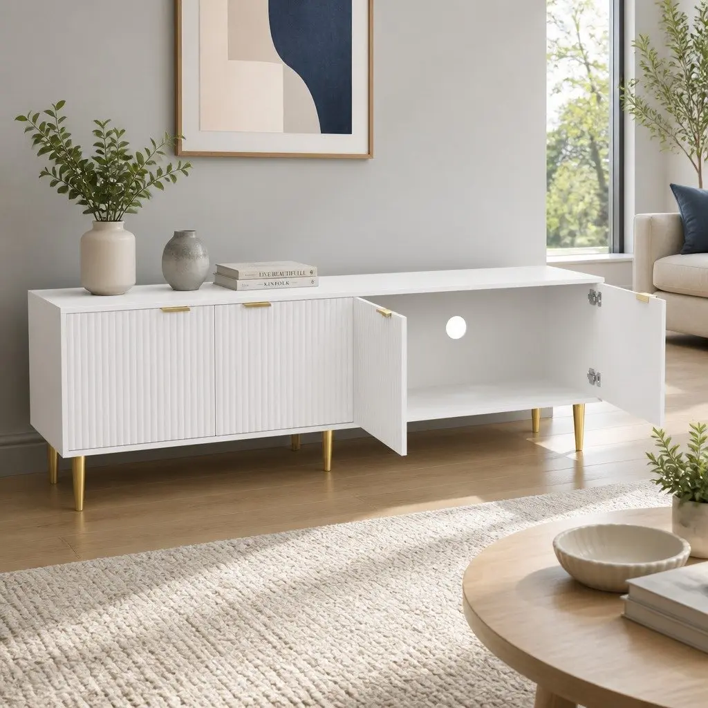 TV Unit 4-Door Storage Cabinet 180CM White with Gold Legs