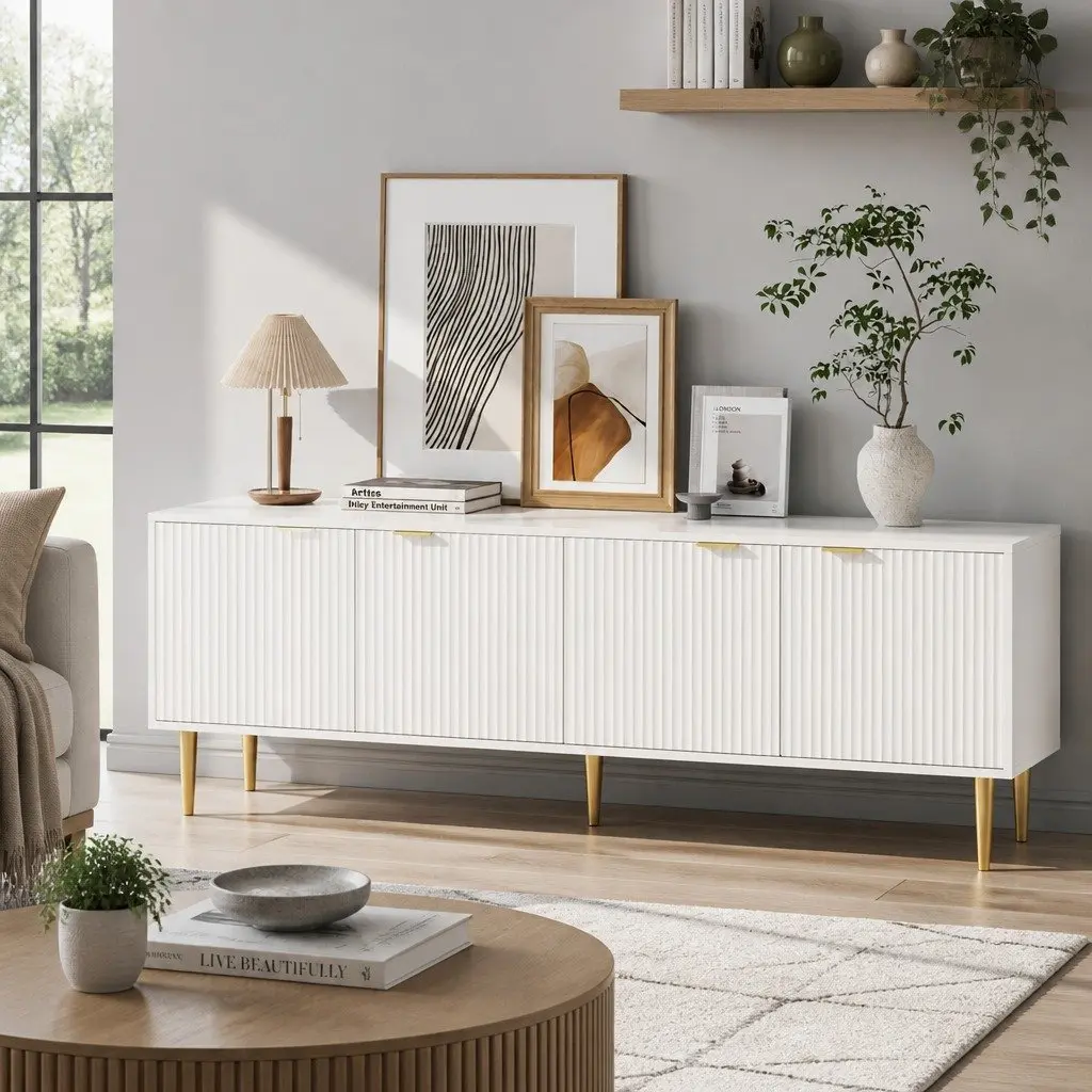 TV Unit 4-Door Storage Cabinet 180CM White with Gold Legs