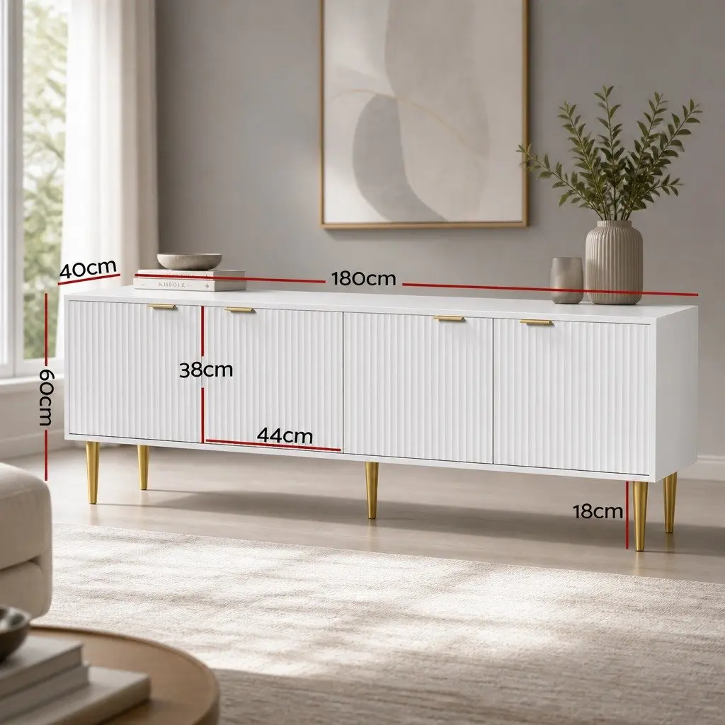 TV Unit 4-Door Storage Cabinet 180CM White with Gold Legs
