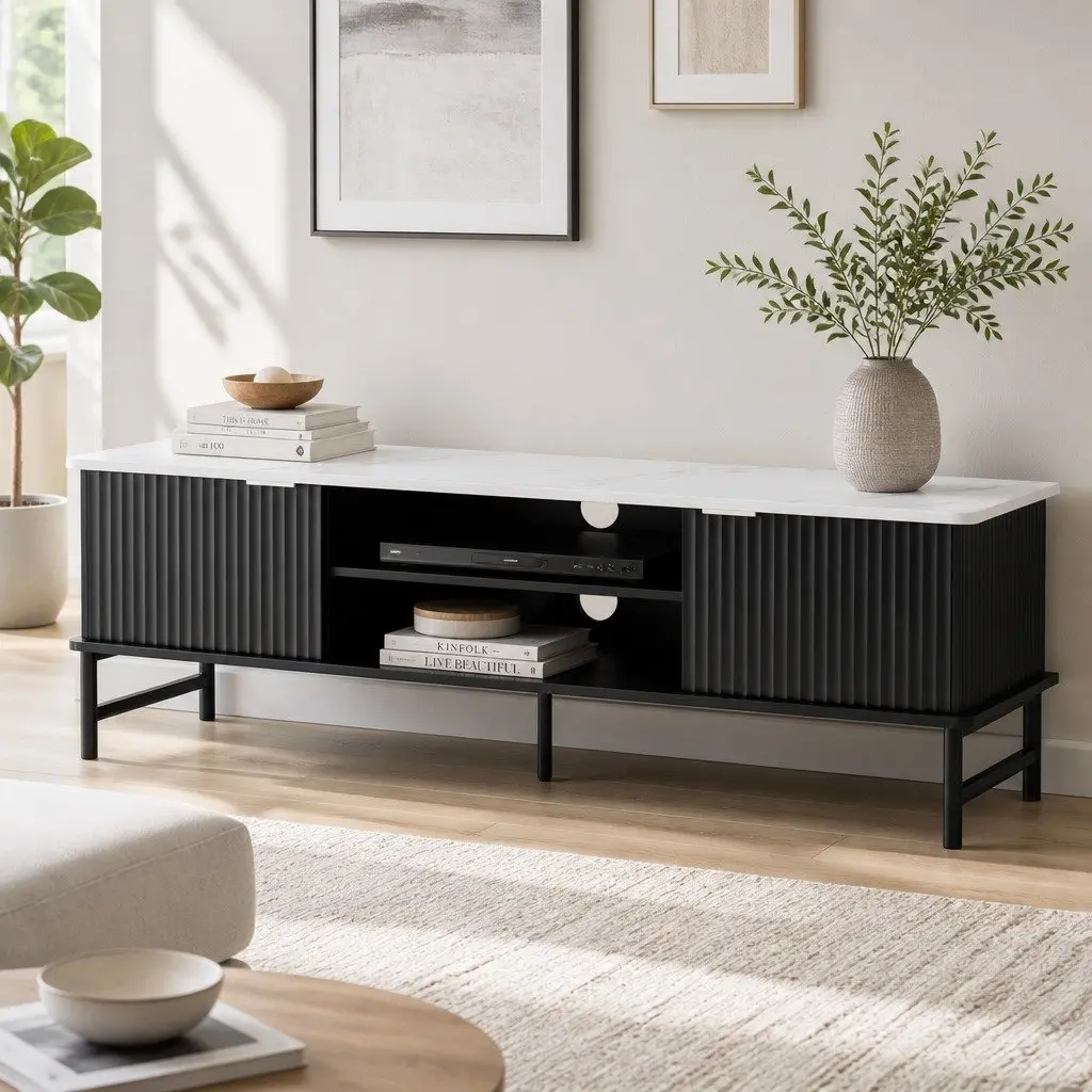 TV Unit Marble-Effect Tabletop Storage Stand 140cm Black