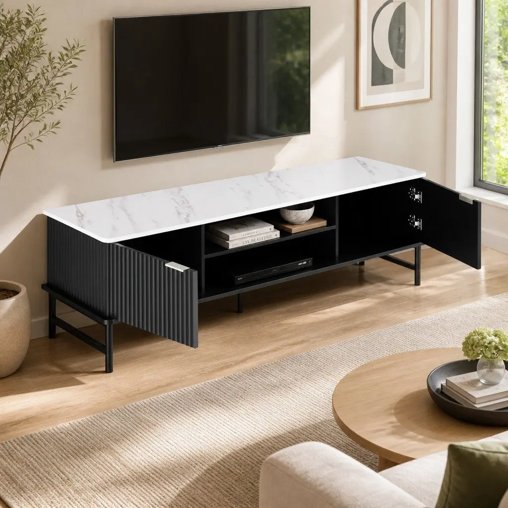 TV Unit Marble-Effect Tabletop Storage Stand 140cm Black