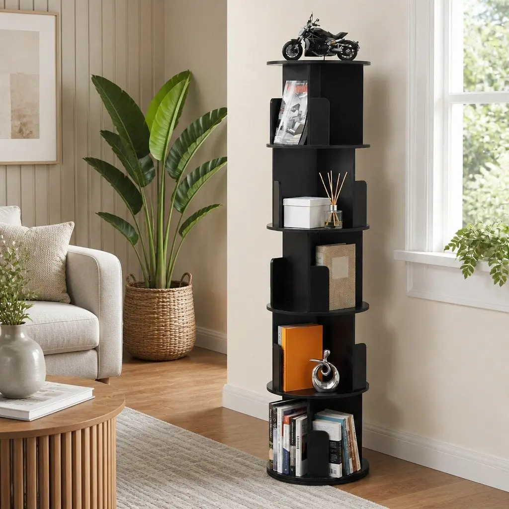 Rotating Bookshelf 5 Tier Swivel Display Stand Storage Shelves Black