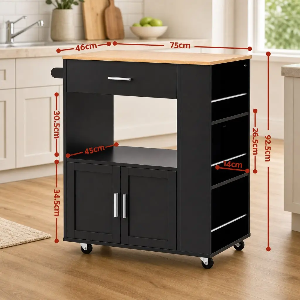Kitchen Trolley Mobile Storage Drawer Cabinet Spice Rack Black