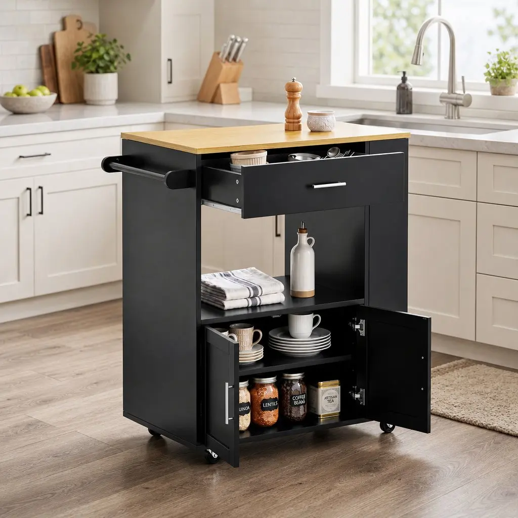 Kitchen Trolley Mobile Storage Drawer Cabinet Spice Rack Black