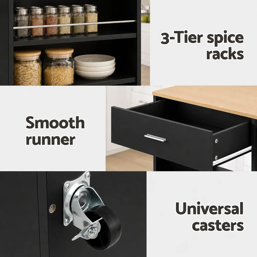 Kitchen Trolley Mobile Storage Drawer Cabinet Spice Rack Black