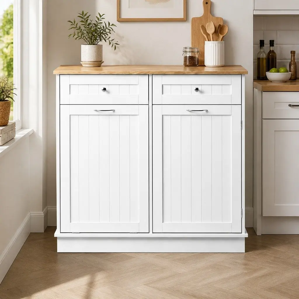 Buffet Sideboard Cabinet Tilt Out Bin Holder Kitchen Storage White 100cm