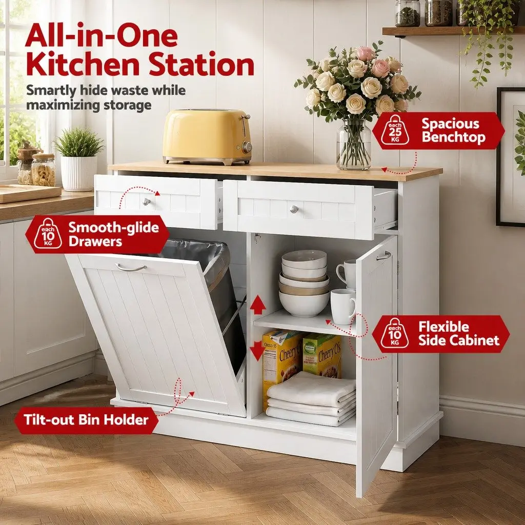 Buffet Sideboard Cabinet Tilt Out Bin Holder Kitchen Storage White 100cm