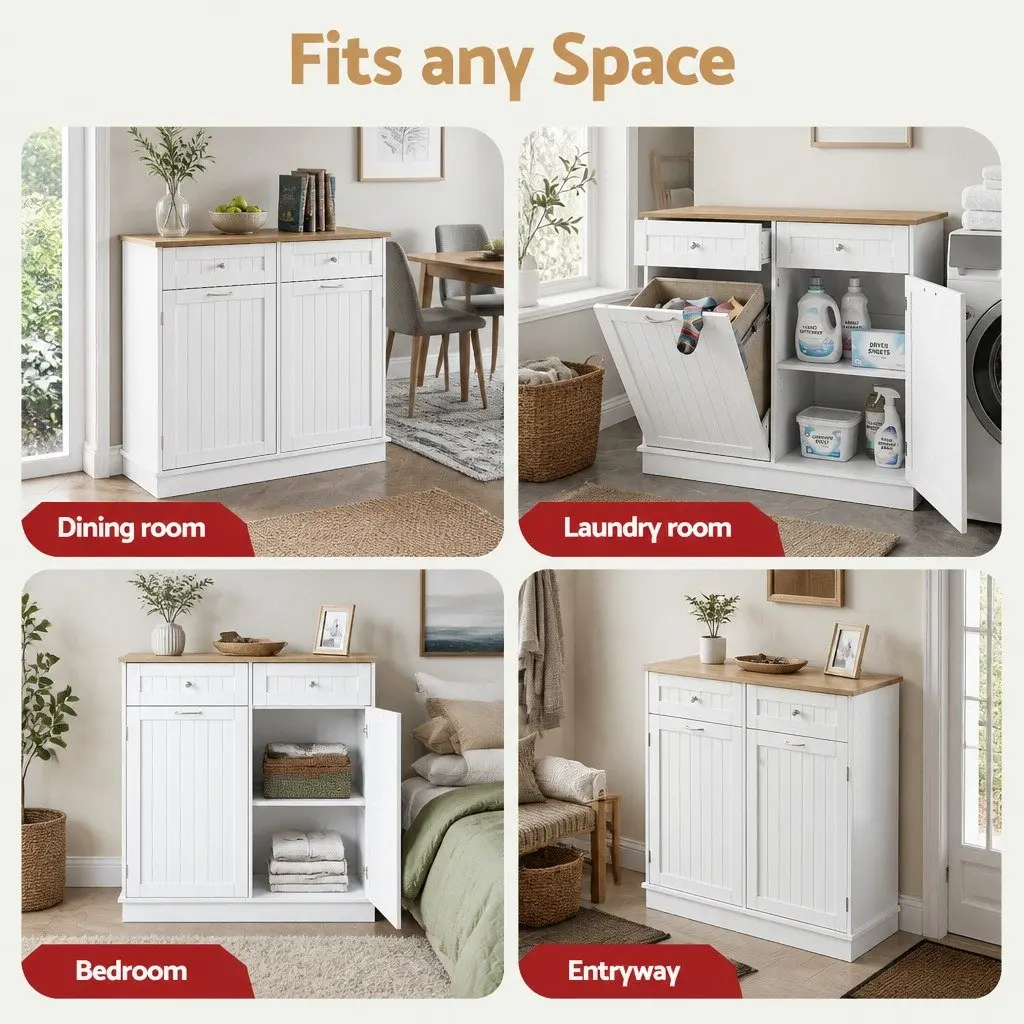 Buffet Sideboard Cabinet Tilt Out Bin Holder Kitchen Storage White 100cm