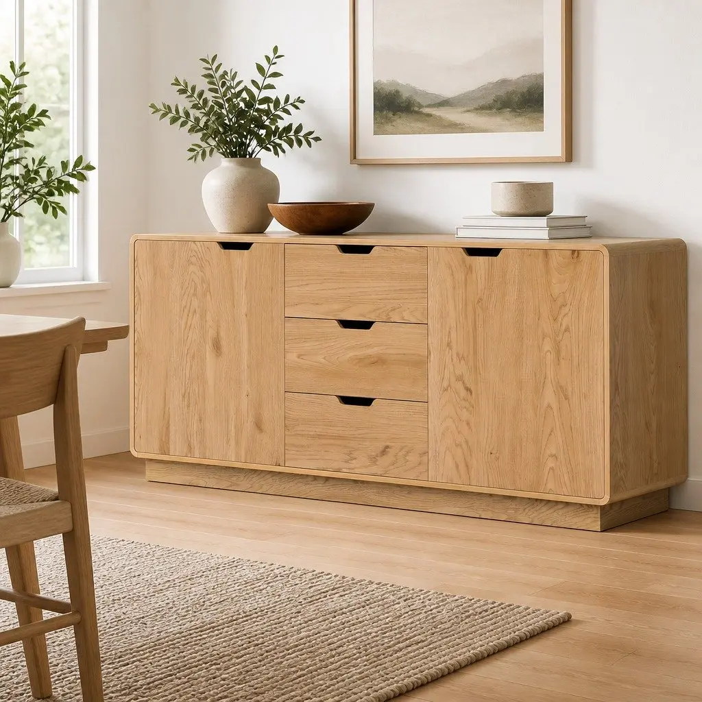 Oak Buffet Sideboard Cabinet with Drawers Spacious Kitchen Cupboard Smooth Rounded Corners 160cm