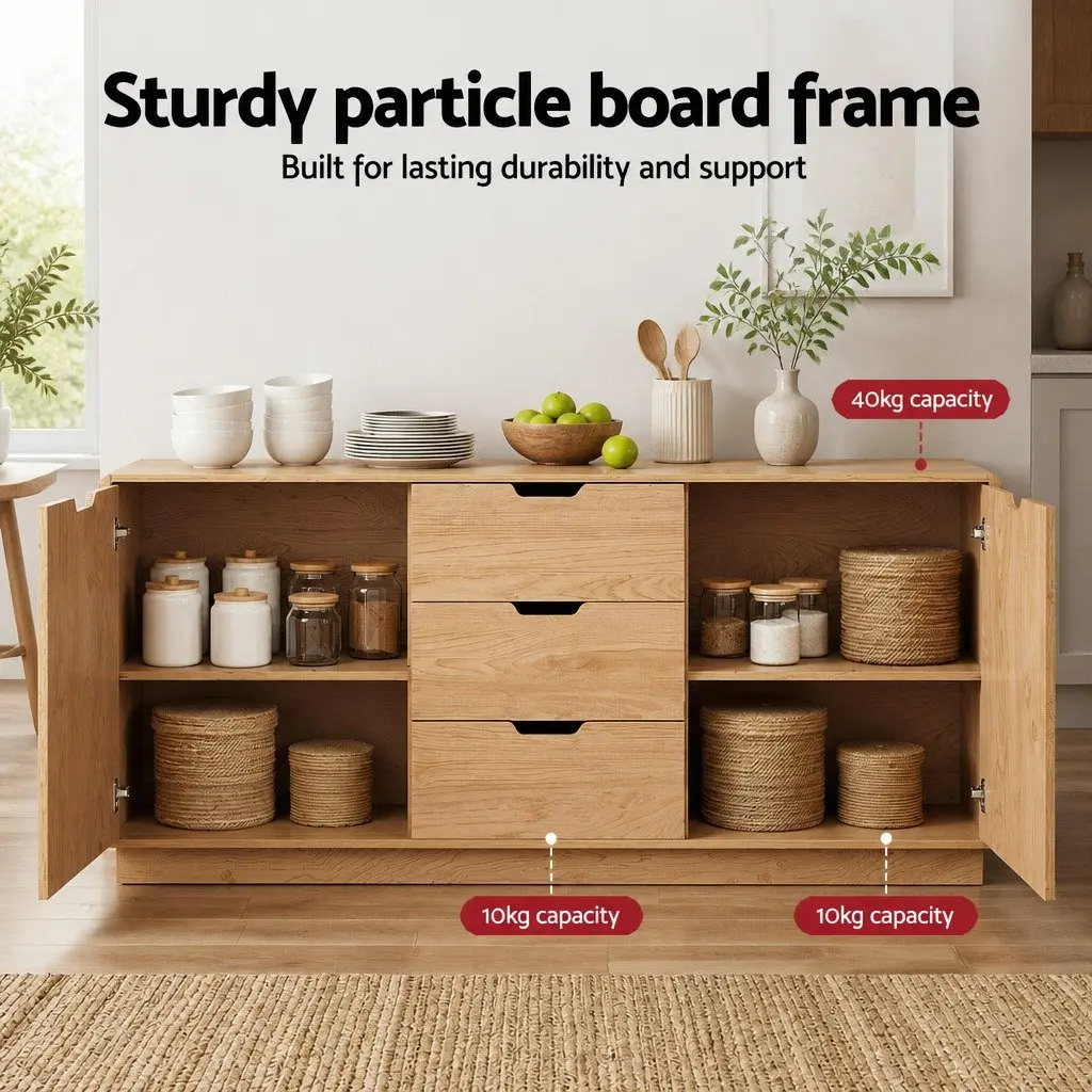 Oak Buffet Sideboard Cabinet with Drawers Spacious Kitchen Cupboard Smooth Rounded Corners 160cm