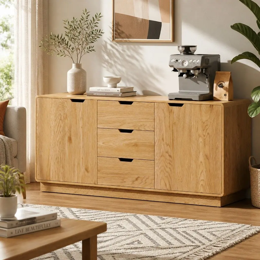 Oak Buffet Sideboard Cabinet with Drawers Spacious Kitchen Cupboard Smooth Rounded Corners 160cm