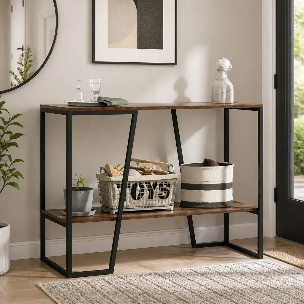 Console Table Industrial 106CM 2-Tier Storage Shelves Walnut and Black for Hallway Living Room