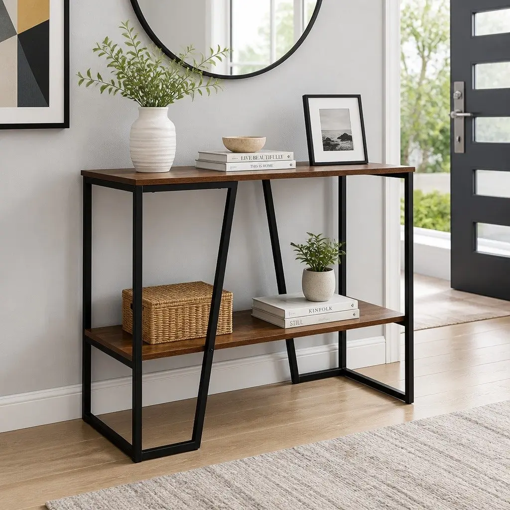 Console Table Industrial 106CM 2-Tier Storage Shelves Walnut and Black for Hallway Living Room