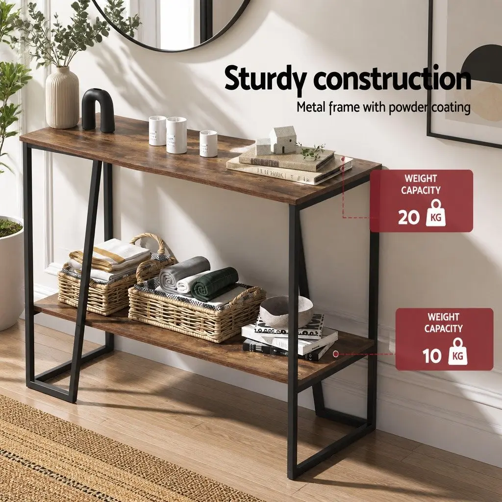 Console Table Industrial 106CM 2-Tier Storage Shelves Walnut and Black for Hallway Living Room