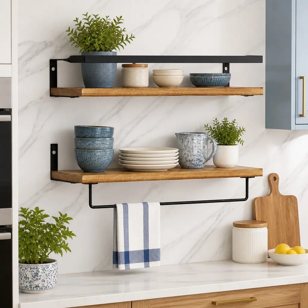Floating Wall Shelf Set of 2 Pine Wood Storage Display with Metal Brackets Black