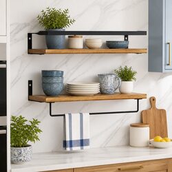 Pine Wood Floating Wall Shelf Set with Metal Brackets