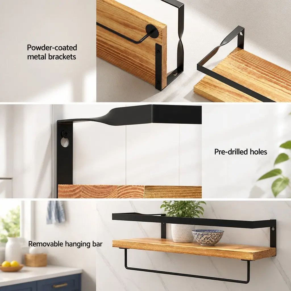 Floating Wall Shelf Set of 2 Pine Wood Storage Display with Metal Brackets Black