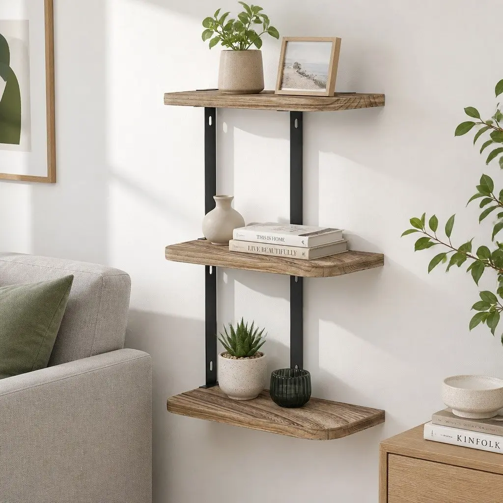 3-Tier Floating Wall Shelf Rust Oak Black Solid Wood Display Shelves Home Organiser 26cm W x 13cm D x 43.7cm H