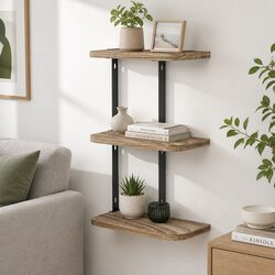 3-Tier Floating Wall Shelf with Paulownia Wood and Metal Brackets