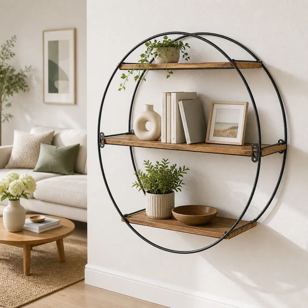 Round Floating Wall Shelf 3-Tier Space-Saving Corner Storage Easy Install Rust Oak