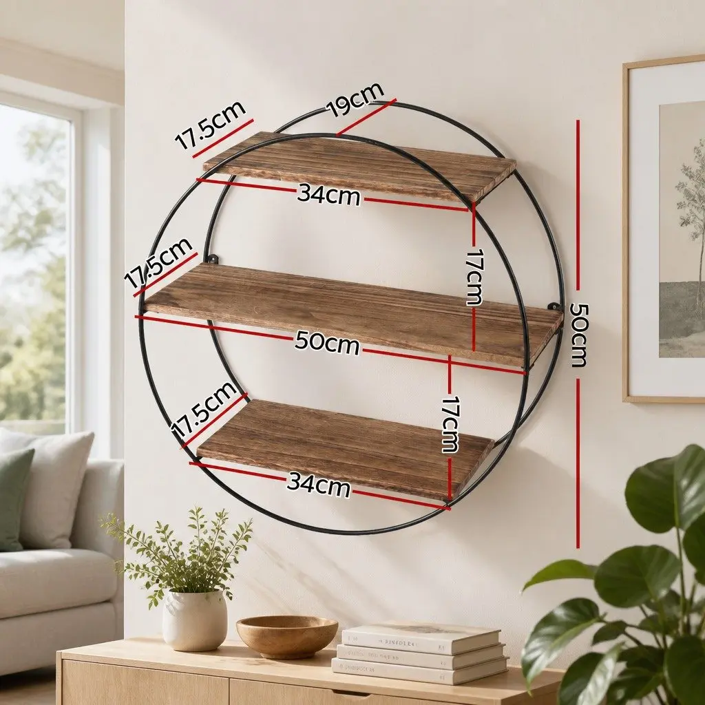 Round Floating Wall Shelf 3-Tier Space-Saving Corner Storage Easy Install Rust Oak