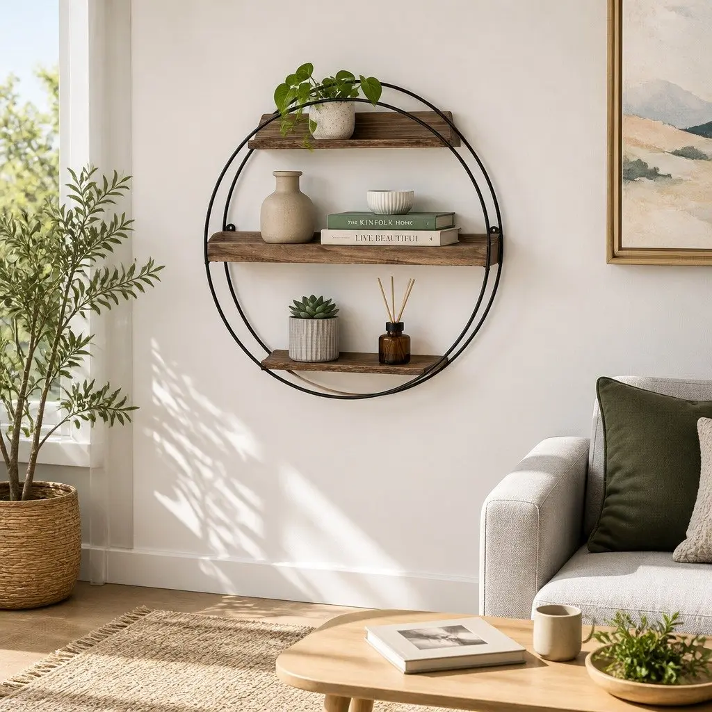 Round Floating Wall Shelf 3-Tier Space-Saving Corner Storage Easy Install Rust Oak